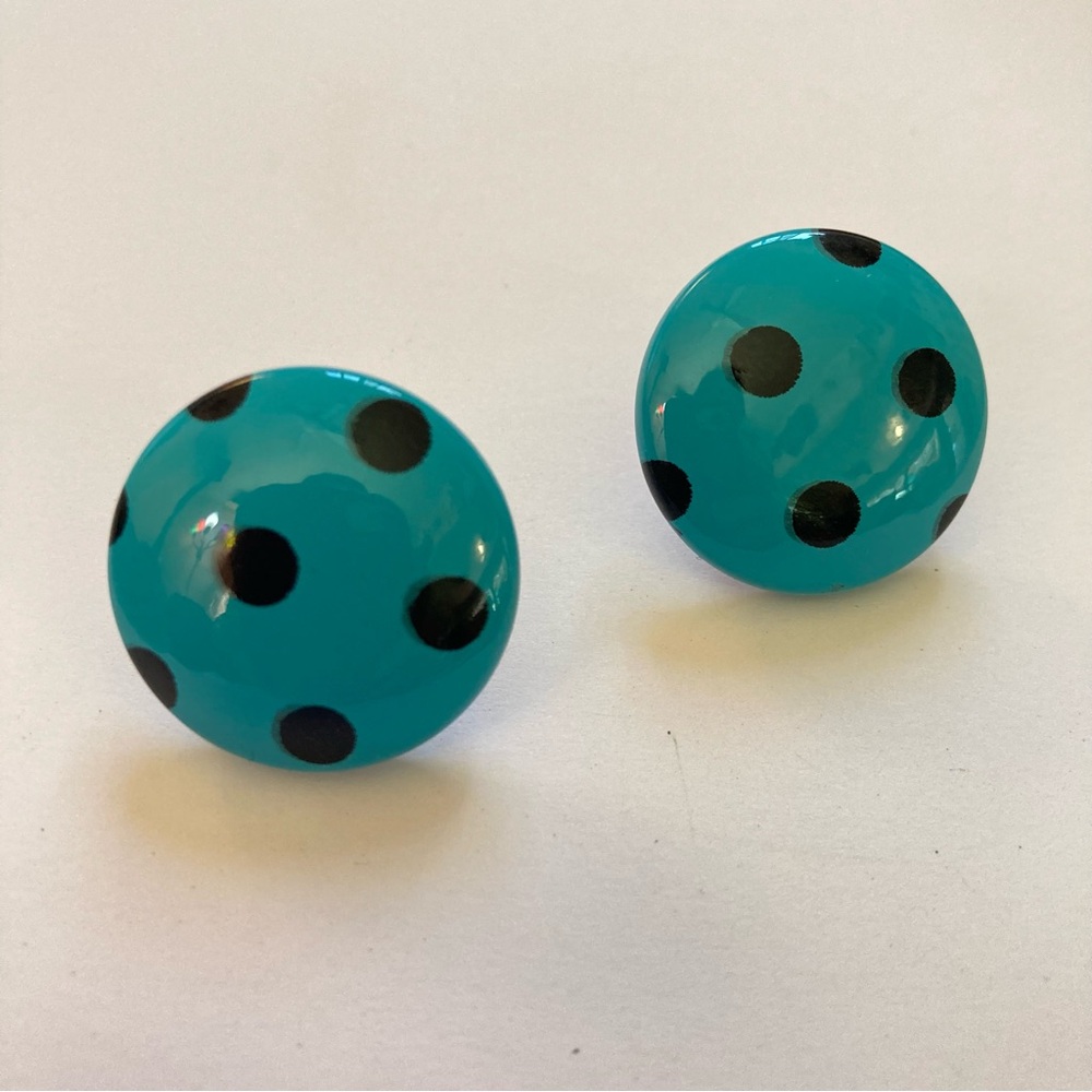 Vintage 80s teal button earrings black polka dot